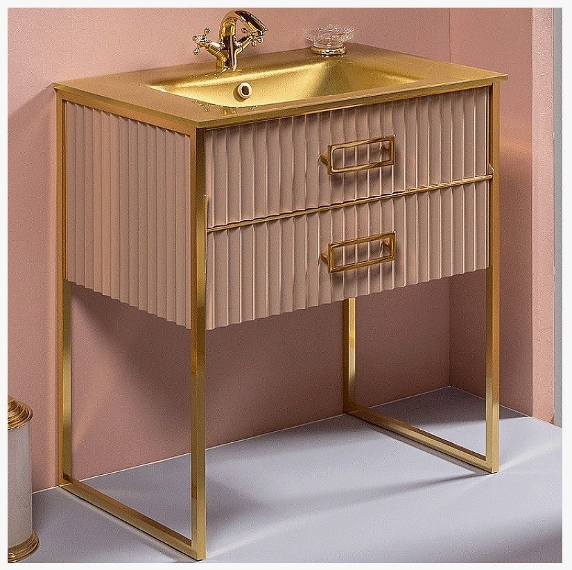Тумба под раковину моноблок Armadi Art Monaco, 80х50х84 см, напольная, цвет капучино глянец/золото, 2 выдвижных ящика, шкаф/шкафчик напольный, фурнитура Hettich, механизм доводчика, прямоугольная