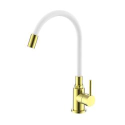 Смеситель для кухни/мойки Splenka S201.4408.03 однорычажный, поворотный/гибкий излив, керамический, высота 264 мм, длина 208 мм, нержавеющая сталь/силикон, цвет золотой сатин/белый