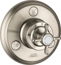 Вентиль Axor Montreux Trio/Quattro E запорный/переключающий, с крестообразной рукояткой, скрытого монтажа, настенный, круглый, латунь, цвет: шлифованный никель, керамический, встраеваемый/встроенный, для ванны/душа