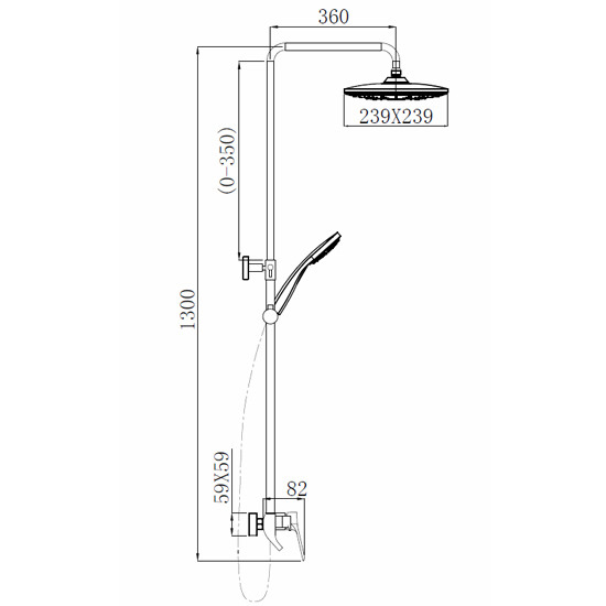 Душевая система Comforty, высота 1300 мм, цвет хром, комплект: однорычажный смеситель/излив/тропический душ (с верхней лейкой)/стойка/лейка/шланг, наружного монтажа