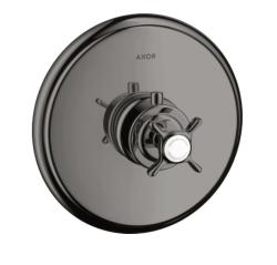 Смеситель для душа Axor Montreux HighFlow, термостатический, с крестообразной рукояткой, скрытого/настенного монтажа, без излива/шланга/лейки, круглый, латунный, цвет полированный черный хром, с термостатом, встроенный/встраиваемый/термостатный
