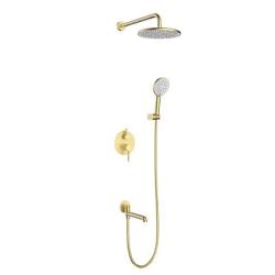 Душевая система Raglo R20.27.03 встраиваемая, цвет сатин золотой, комплект: однорычажный смеситель/излив/тропический душ круглый (с верхней лейкой)/лейка/шланг, скрытый монтаж