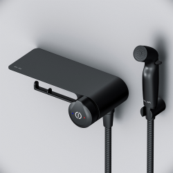 Смеситель с гигиеническим душем AM.PM X-Joy TouchReel, встраиваемый, нажимной, керамический, без излива, с гибким шлангом/лейкой, с полкой/бумагодержателем, латунь, цвет черный