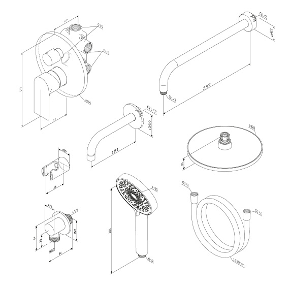 Душевая система Damixa Apollo встраиваемая, цвет черный матовый, комплект: смеситель/излив/тропический душ круглый (с верхней лейкой)/лейка/шланг, латунь/ABS-пластик/ПВХ, скрытого монтажа 