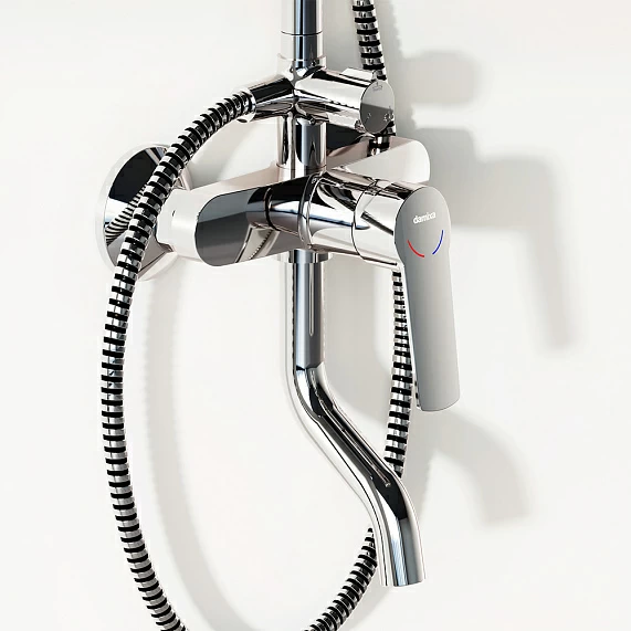 Душевая система Damixa Jupiter высота от 1050-1450 мм цвет хром, комплект: однорычажный смеситель/поворотный излив/тропический душ (с верхней лейкой)/стойка/лейка/шланг, наружного монтажа