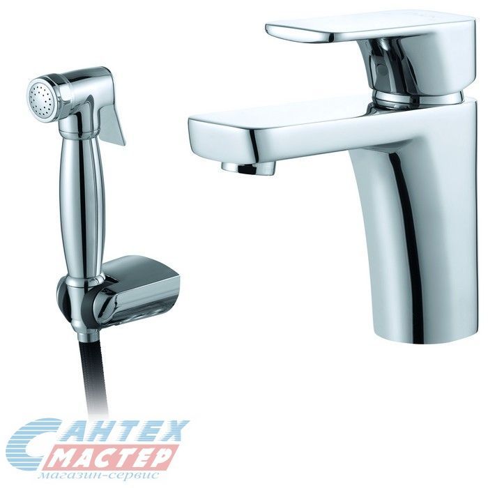 Смеситель D&K Berlin Freie с гигиеническим душем/лейкой, однорычажный, излив короткий, длина 125 мм, керамический, латунь, цвет хром, без донного клапана