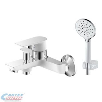 Смеситель для ванны/душа Zenta Бланко однорычажный, керамический, настенный, излив фиксированный 98 мм, с гибким шлангом, душем/лейкой, латунь, цвет хром/белый, короткий, универсальный, горизонтальный, рычажный, кран, комплект, сантехника, размер