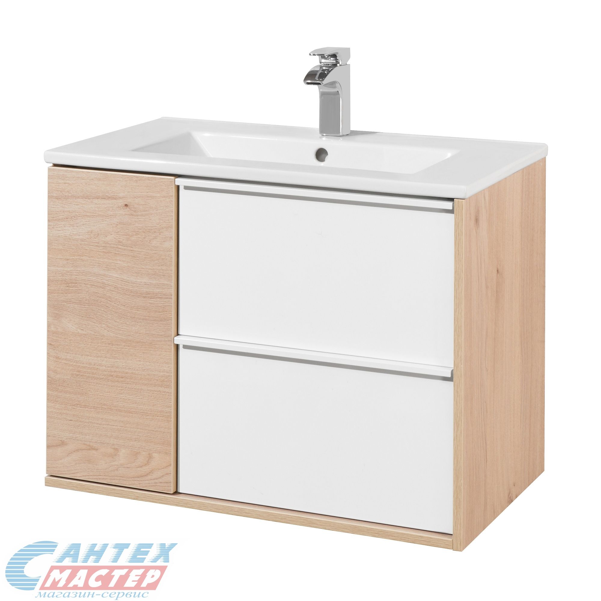 Тумба Акватон Бостон 75 белый глянец дуб эрика с раковиной Элина 75 для ванны 1A2526K1BN010