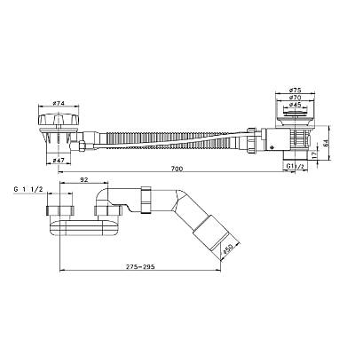 Слив-перелив Raglo R600.30.03, для ванны, 600 мм, готовый набор, с сифоном, латунь/пластик, цвет сатин золотой, полуавтоматический с тросиком