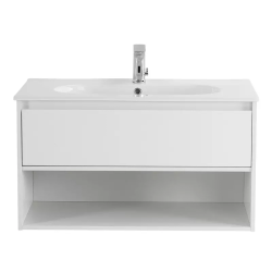 Тумба под раковину BelBagno Kraf 80, 80х46х53 см, подвесная, 1 выкатной ящик/1 открытая полка, ЛДСП, цвет: белый матовый, шкафчик навесной, механизм доводчика, прямоугольная
