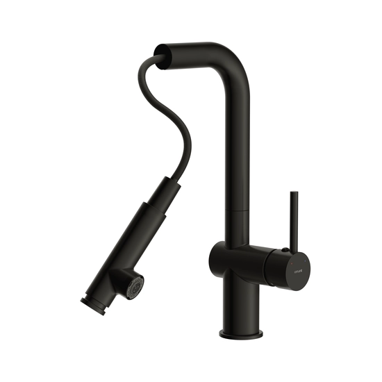 Смеситель для кухни/мойки Cersanit Flavis однорычажный, поворотный/выдвижной излив, два режима, керамический, высота 290 мм, длина 198 мм, латунь, цвет черный