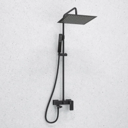 Душевая система WasserKRAFT Abens, высота 820-1130 мм, цвет черный матовый, комплект: однорычажный смеситель/излив/тропический душ (с верхней лейкой)/стойка/лейка/шланг, наружного монтажа