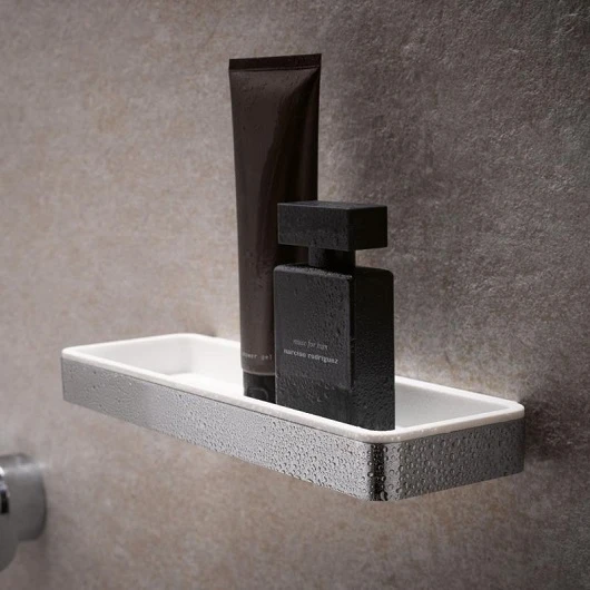 Полка Keuco Plan, одинарная, 288 мм настенная/подвесная, латунь/пластик, прямоугольная, для ванных принадлежностей, в ванную/туалет/душевую кабину, цвет хром/белый