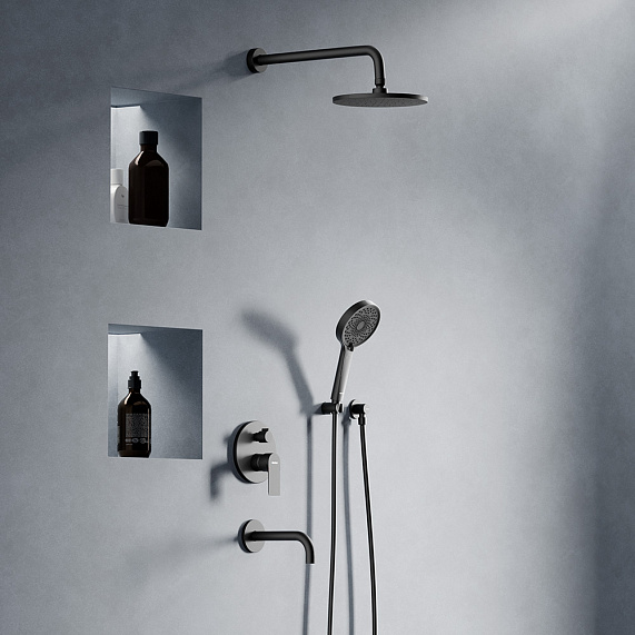 Душевая система Damixa Apollo встраиваемая, цвет черный матовый, комплект: смеситель/излив/тропический душ круглый (с верхней лейкой)/лейка/шланг, латунь/ABS-пластик/ПВХ, скрытого монтажа 