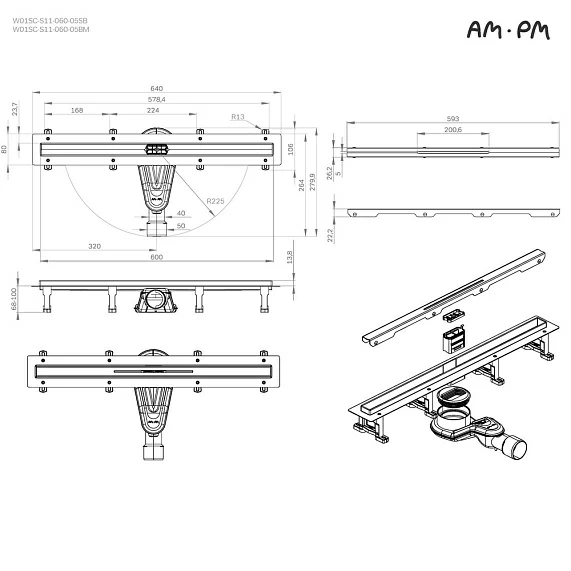 Душевой трап (лоток) AM.PM MasterFlow Slim 600 мм комбинированный затвор со стальной матовой решеткой, цвет хром, выходная труба 40/50 мм, линейный