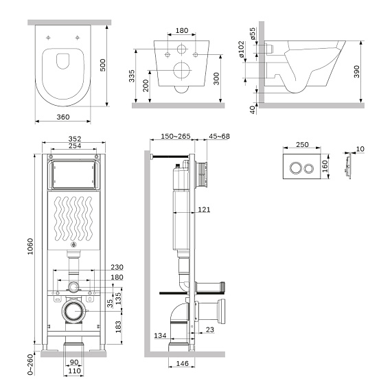 Комплект унитаза с инсталляцией AM.PM Sense, c сиденьем микролифт, с клавишей смыва (кнопкой, клавишей двойного смыва) черный матовый, система для подвесного унитаза, со скрытым смывным бачком (бак), с подвесным унитазом