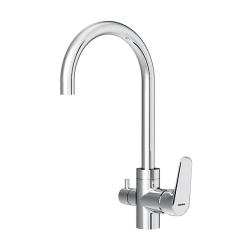 Смеситель для кухни/мойки Damixa Merkur однорычажный, с каналом питьевой воды, керамический, с высоким изливом, длина 189 мм, поворотный, нержавеющая сталь, цвет хром