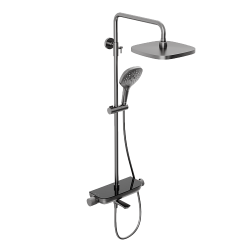 Душевая система Abelsberg Lineara с термостатом, высота 900−1300 мм цвет космическая сталь, комплект: смеситель/полка для душа/излив/тропический душ прямоугольный (с верхней лейкой)/лейка/стойка/шланг, латунь/ABS-пластик
