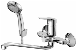 Смеситель для ванны/душа Rossinka, однорычажный, настенный, керамический, поворотный, с длинным изливом 350 мм, латунь, цвет хром, для ванной