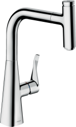 Смеситель для кухни/мойки Hansgrohe Metris Select M71 240, однорычажный, поворотный, керамический, с высоким выдвижным/вытяжным изливом, высота излива 23,8 см, латунь, покрытие хром, цвет хром, с кнопкой Select