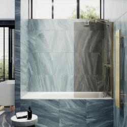 Душевая шторка на ванну MaybahGlass, 140х30 см, бронзовое стекло/профиль широкий, цвет золото, фиксированная, закаленное стекло 8 мм, плоская/панель, правая/левая, правосторонняя/левосторонняя, универсальная