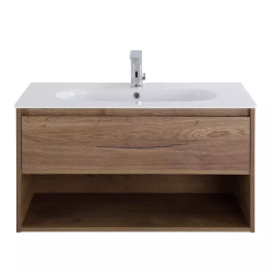 Тумба под раковину BelBagno Kraf 80, 80х46х53 см, подвесная, 1 выкатной ящик/1 открытая полка, ЛДСП, цвет: дуб табак, шкафчик навесной, механизм доводчика, прямоугольная