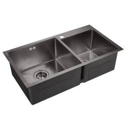 Мойка EMAR 78х43 см, двойная/две чаши, врезная, из нержавеющей стали, прямоугольная, цвет черный, с отверстием под смеситель, слив-перелив, без крыла, для кухни, универсальная, врезная под столешницу/над столешницей, для кухни