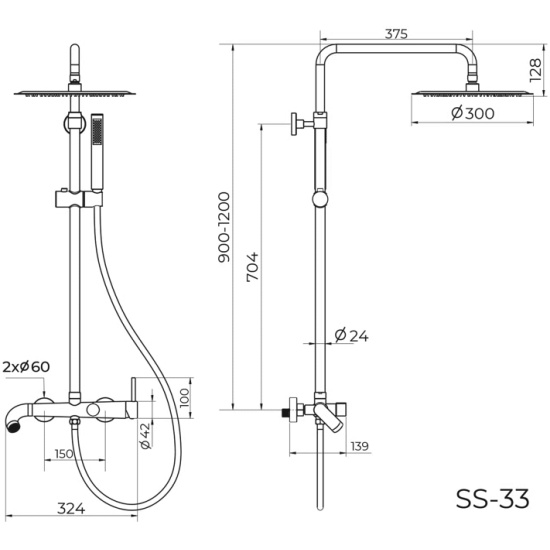 Душевая система Knotlor Elixir, высота от 900-1200 мм, цвет бронза, комплект: однорычажный смеситель/излив/тропический душ (с верхней лейкой)/стойка/лейка/шланг, наружного монтажа