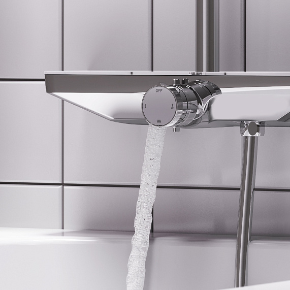 Душевая система Damixa Merkur, высота 1050-1450 мм, цвет хром, комплект: смеситель/излив/тропический душ прямоугольный (с верхней лейкой)/стойка/лейка/шланг, латунь/пластик