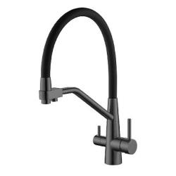 Смеситель для кухни/мойки Splenka S71.62.07 с подключением фильтра, однорычажный, поворотный/гибкий, керамический, излив 238 мм, высота излива 191 мм нержавеющая сталь/силикон, цвет серый/черный