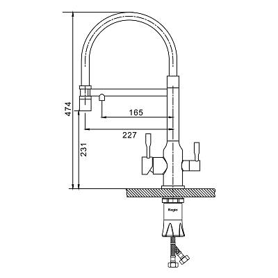 Смеситель для кухни/мойки Raglo R81.63.05 однорычажный, поворотный, керамический картридж, с подключением фильтра, гибкий излив, длина излива 227 мм, нержавеющая сталь/силикон, цвет сатин/черный