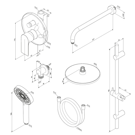 Душевая система Damixa Apollo встраиваемая, цвет хром, комплект: смеситель/тропический душ круглый (с верхней лейкой)/лейка/шланг/штанга, латунь/ABS-пластик/ПВХ, скрытого монтажа 