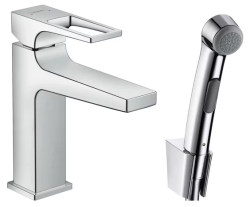 Смеситель для раковины Hansgrohe Metropol, однорычажный, фиксированный, излив короткий, длина 13,5 см, керамический, латунь, цвет хром, с гигиеническим душем/лейкой/держателем, для биде