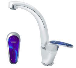 Смеситель для раковины/умывальника Варион KARAT синий излив MAXI, однорычажный, поворотный, длина излива 135 мм, керамический, латунь, цвет хром