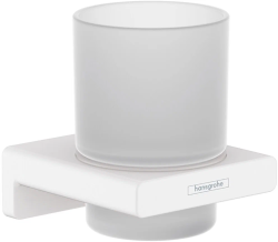 Стакан Hansgrohe AddStoris, с держателем, настенный, латунный/стеклянный, форма круглая, для зубных щеток в ванную/туалет/душевую кабину, цвет матовый белый