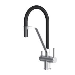 Смеситель для кухни/мойки AM.PM Func высокий, С-излив, гибкий, однорычажный, с каналом для питьевой воды, поворотный, керамический, длина излива 195 мм, нержавеющая сталь/цинк/латунь/силикон, цвет черный/хром