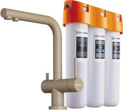Комплект: смеситель для кухни Omoikiri Nagano-CA-P + фильтр Pure drop Lite для очистки воды трехступенчатый, смеситель однорычажный, поворотный, керамический, длина излива 206 мм, латунь, цвет карамель