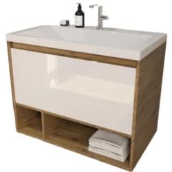 Тумба с раковиной Эстет Monaco Wood 90, 902х482х607 мм, подвесная, 1 выдвижной ящик/открытые полки, ЛДСП/МДФ, прямоугольная, цвет: белый/дуб рустикальный/раковина Монако 90, прямоугольная, цвет белый
