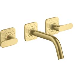 Смеситель для раковины Axor Citterio M, на 3 отверстия, двухвентильный, с рычаговыми рукоятками, скрытого монтажа, настенный, фиксированный излив, длина 16,6 см, керамический, латунь, цвет шлифованная медь, незапираемый сливной набор