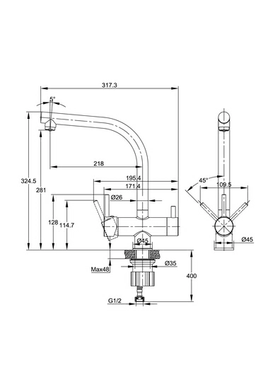 Смеситель для кухни/мойки Cersanit CREA с подключением фильтра, однорычажный, поворотный, керамический, излив 218 мм, высота излива 281 мм латунь, цвет матовый черный