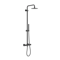 Душевая система Excellent Termo Round Rain, настенная, 1163-1553 мм, цвет черный матовый, комплект: термостатический смеситель/тропический душ (с верхней лейкой)/лейка/стойка/шланг, латунь, наружного монтажа