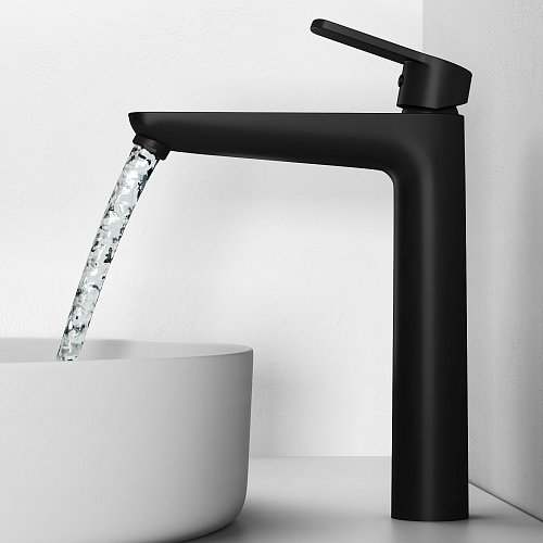 Смеситель для раковины/умывальника Abelsberg Lineara однорычажный, высокий, неповоротный/фиксированный, излив длина 156 мм высота 238 мм латунь, цвет вулканический черный