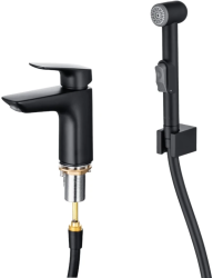 Смеситель для раковины/умывальника Aquatek Вега с гигиеническим душем, однорычажный, неповоротный, латунь, длина излива 115 мм, керамический, цвет матовый черный