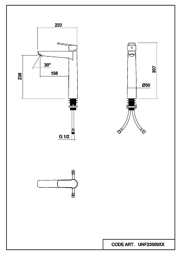 Смеситель для раковины/умывальника Abelsberg Lineara однорычажный, высокий, неповоротный/фиксированный, излив длина 156 мм высота 238 мм латунь, цвет глянцевый хром