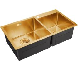 Мойка EMAR 78х43 см, двойная/две чаши, врезная, из нержавеющей стали, прямоугольная, цвет золото, с отверстием под смеситель, слив-перелив, без крыла, для кухни, универсальная, врезная под столешницу/над столешницей, для кухни Мойка EMAR 78х43 см, двойная/две чаши, врезная, из нержавеющей стали, прямоугольная, цвет золото, с отверстием под смеситель, слив-перелив, без крыла, для кухни, универсальная, врезная под столешницу/над столешницей, для кухни