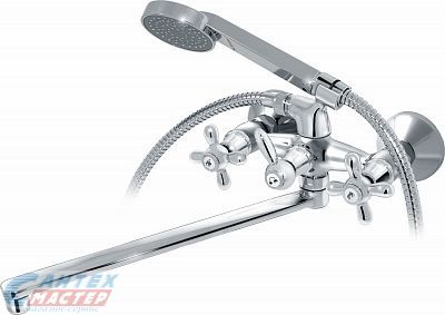 Смеситель для ванны/душа Варион Ретро двухвентильный, керамический, настенный, излив поворотный 300 мм, с гибким шлангом, душем/лейкой, латунь хром, длинный, универсальный, горизонтальный, вентильный, кран, комплект, сантехника, размер