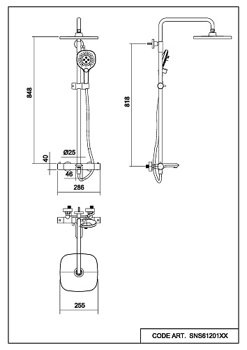 Душевая система Abelsberg Perfecta с термостатом, высота 900−1300 мм цвет глянцевый хром, комплект: смеситель/излив/тропический душ прямоугольный (с верхней лейкой)/лейка/стойка/шланг, латунь/ABS-пластик