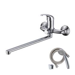 Смеситель для ванны/душа Wesnaart Listok с длинным изливом, однорычажный, керамический, настенный, излив поворотный 35 см, с гибким шлангом, душем/лейкой, латунь