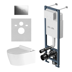 Комплект унитаза с инсталляцией AM.PM Damixa Jupiter, c сиденьем микролифт, с клавишей смыва (кнопкой, клавишей двойного смыва) хром, система для подвесного унитаза, со скрытым смывным бачком (бак), с подвесным унитазом