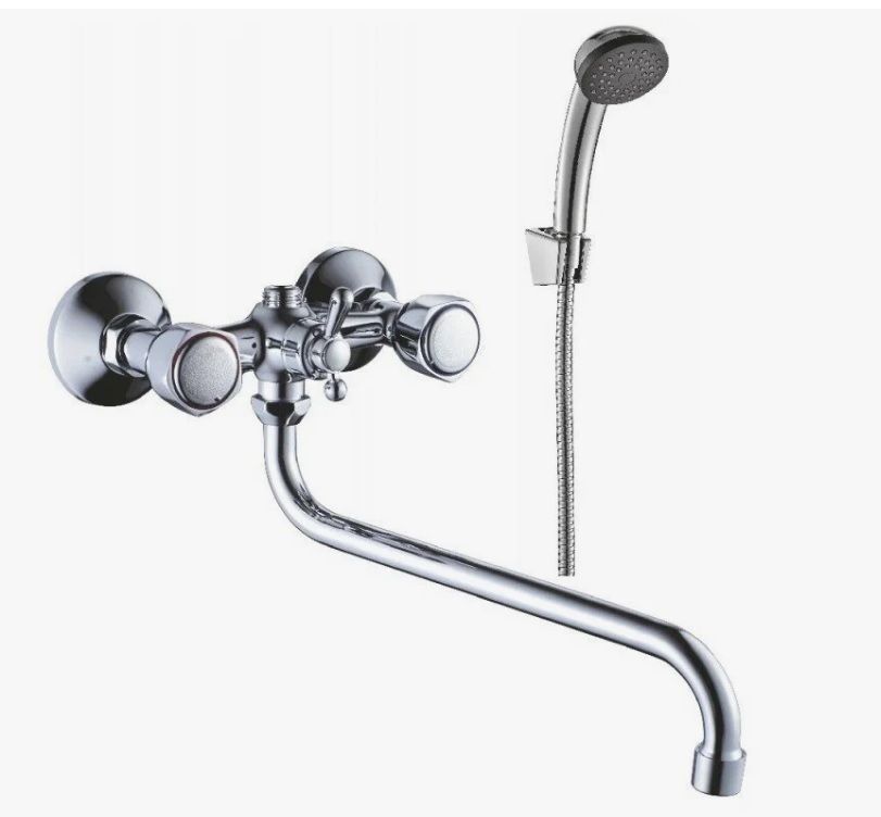 Смеситель для ванны/душа HAIBA CRON двухвентильный, хромированный, настенный, излив длинный 350 мм, поворотный, силумин, цвет хром